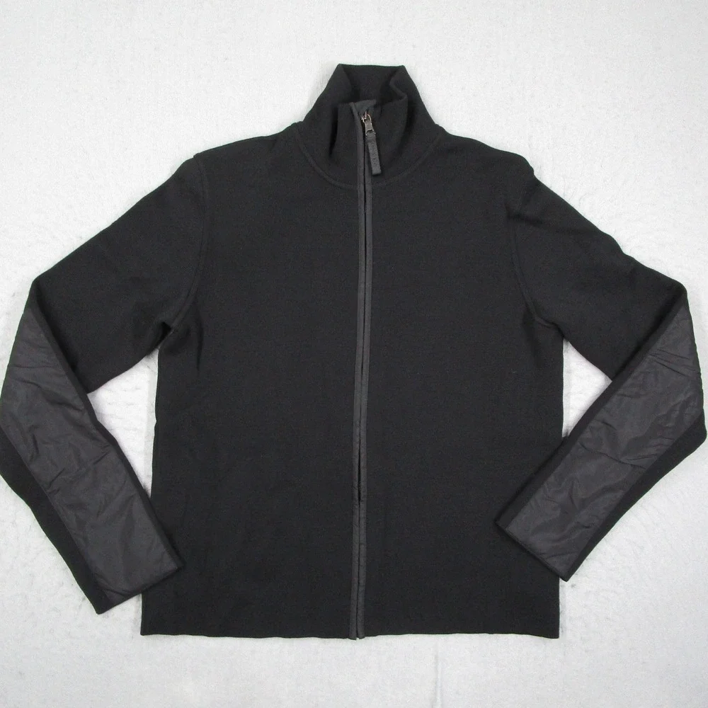 Prada Milano Men Black Full Zip Wool Sweater Nylon Panel Cardigan Size 48 SMC382